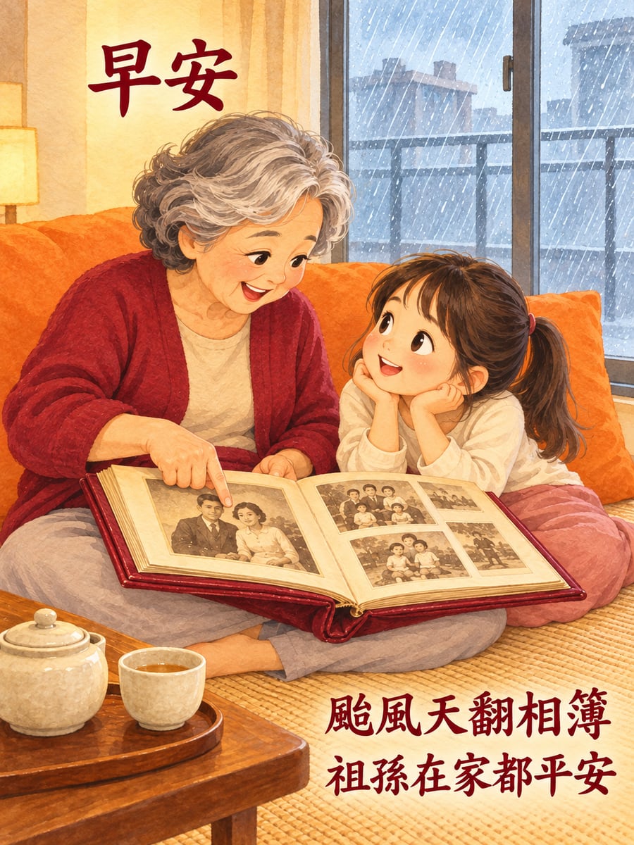 祖孫翻相簿。圖中文字：早安，颱風天翻相簿，祖孫在家都平安