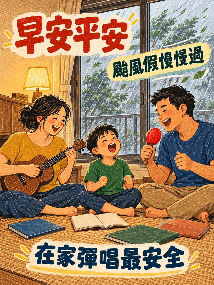 在家彈琴唱歌。圖中文字：早安平安，颱風假慢慢過，在家彈唱最安全