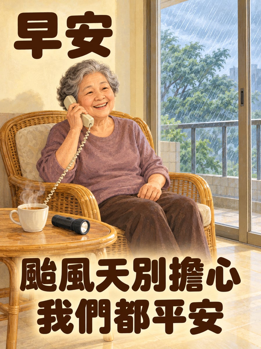 阿嬤接電話說家裡都好。圖中文字：早安，颱風天別擔心，我們都平安