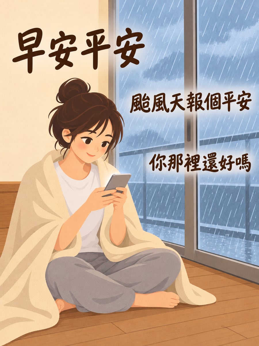 颱風天傳訊息給家人。圖中文字：早安平安，颱風天報個平安，你那裡還好嗎