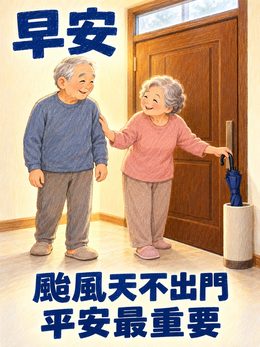阿嬤勸阿公颱風天別出門。圖中文字：早安，颱風天不出門，平安最重要