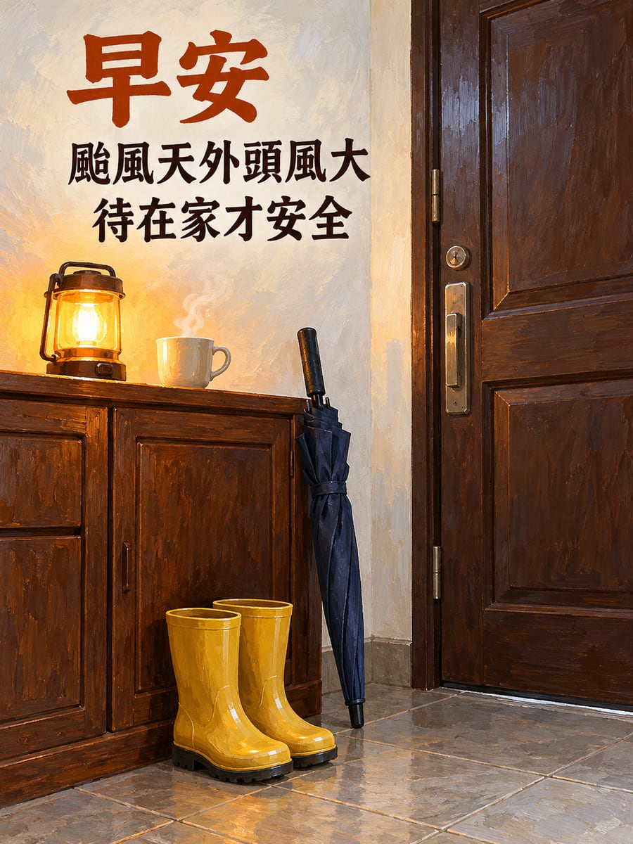 雨鞋和長傘都休息。圖中文字：早安，颱風天外頭風大，待在家才安全
