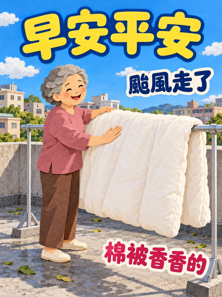 颱風過後曬棉被。圖中文字：早安平安，颱風走了，棉被香香的