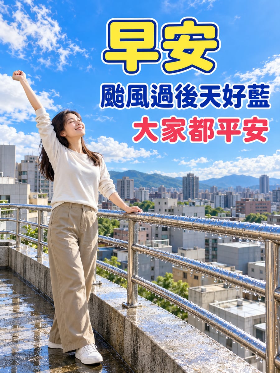 颱風洗過的藍天。圖中文字：早安，颱風過後天好藍，大家都平安