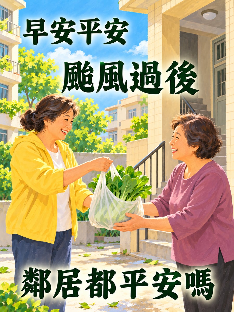 鄰居互相問聲好。圖中文字：早安平安，颱風過後，鄰居都平安嗎