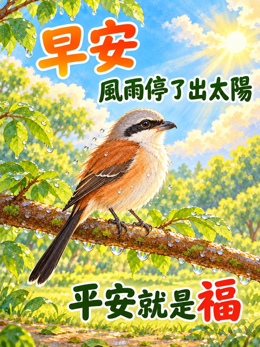 棕背伯勞站上濕樹枝。圖中文字：早安，風雨停了出太陽，平安就是福