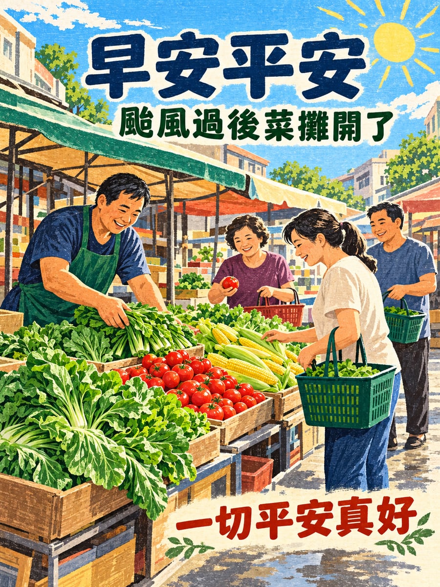 颱風過後菜攤開張。圖中文字：早安平安，颱風過後菜攤開了，一切平安真好