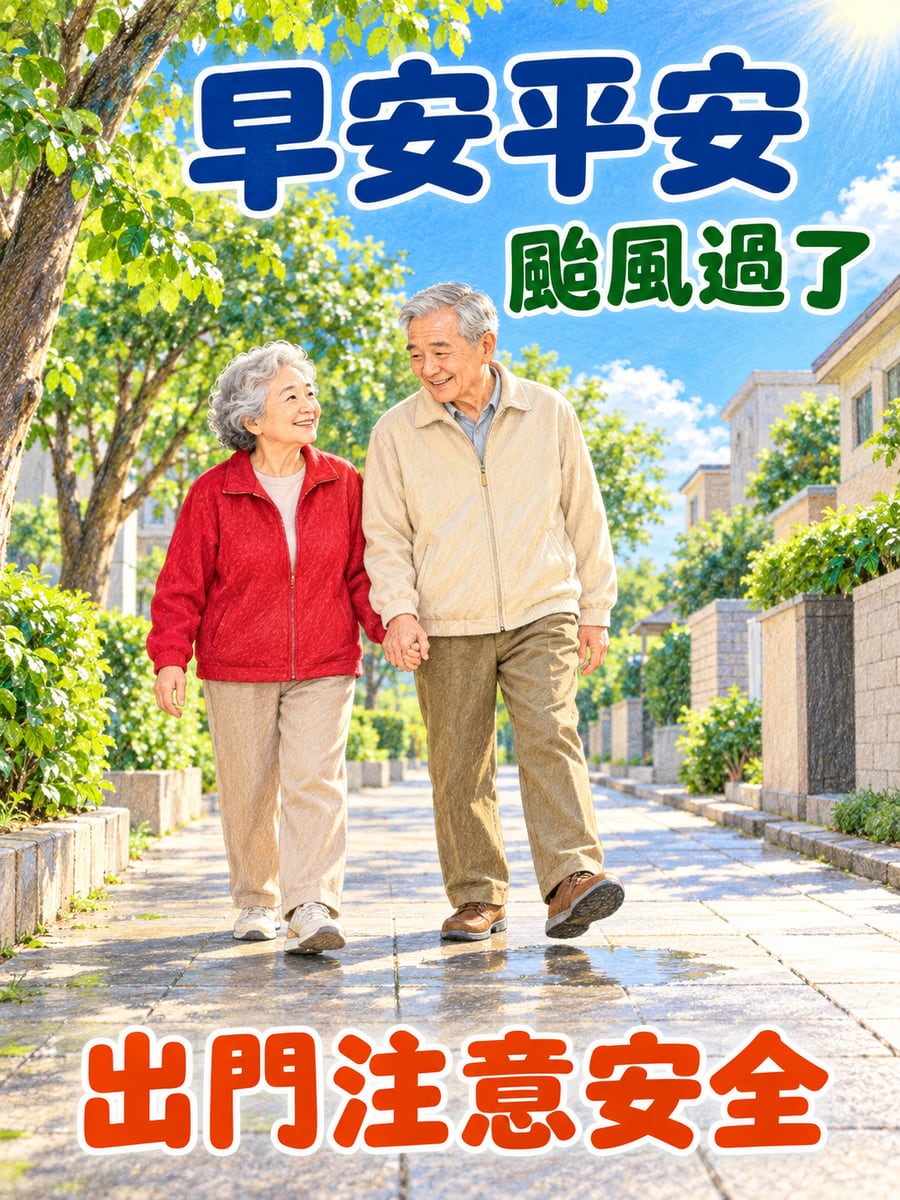 颱風過後牽手散步。圖中文字：早安平安，颱風過了，出門注意安全