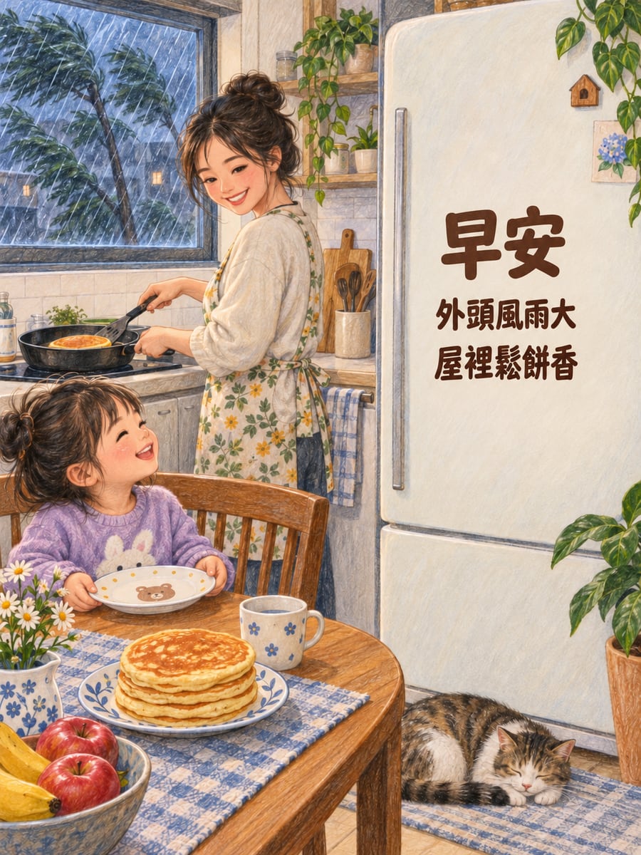 屋裡鬆餅香。圖中文字：早安，外頭風雨大，屋裡鬆餅香