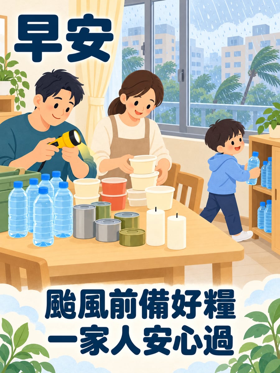 颱風前備好糧。圖中文字：早安，颱風前備好糧，一家人安心過