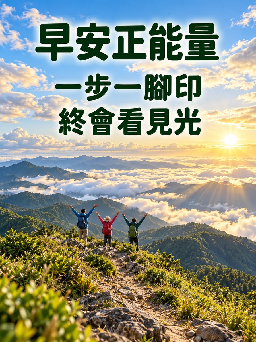 登上稜線看雲海。圖中文字：早安正能量，一步一腳印，終會看見光