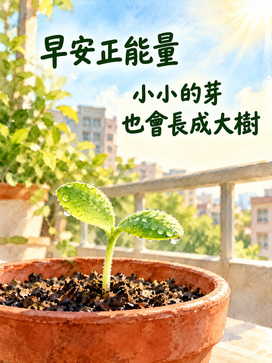 破土的向日葵芽。圖中文字：早安正能量，小小的芽，也會長成大樹