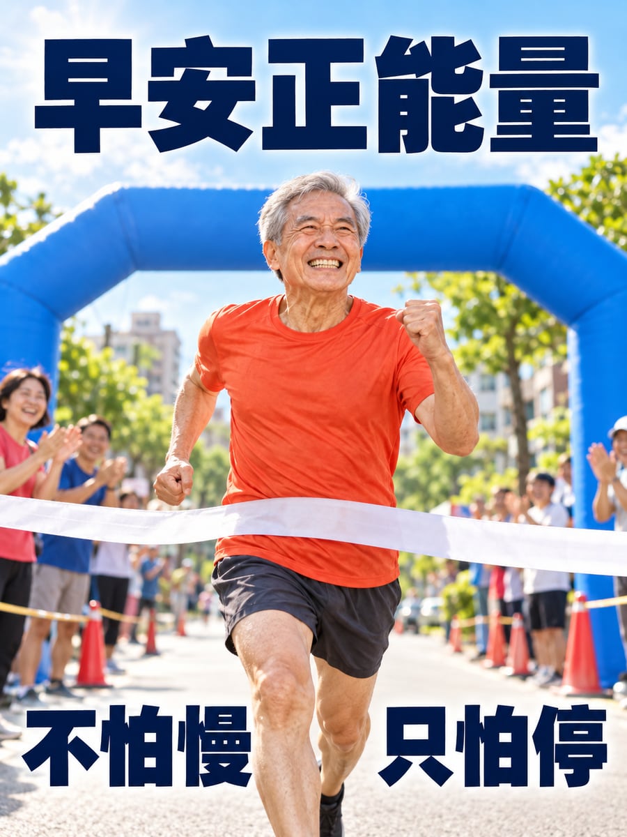 阿伯跑過終點。圖中文字：早安正能量，不怕慢，只怕停
