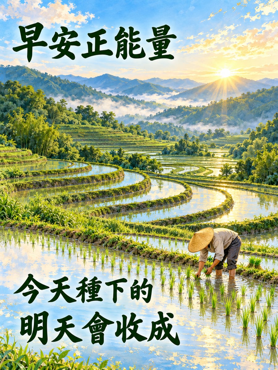 梯田插秧的身影。圖中文字：早安正能量，今天種下的，明天會收成
