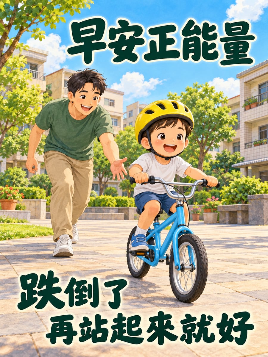 第一次騎腳踏車。圖中文字：早安正能量，跌倒了，再站起來就好