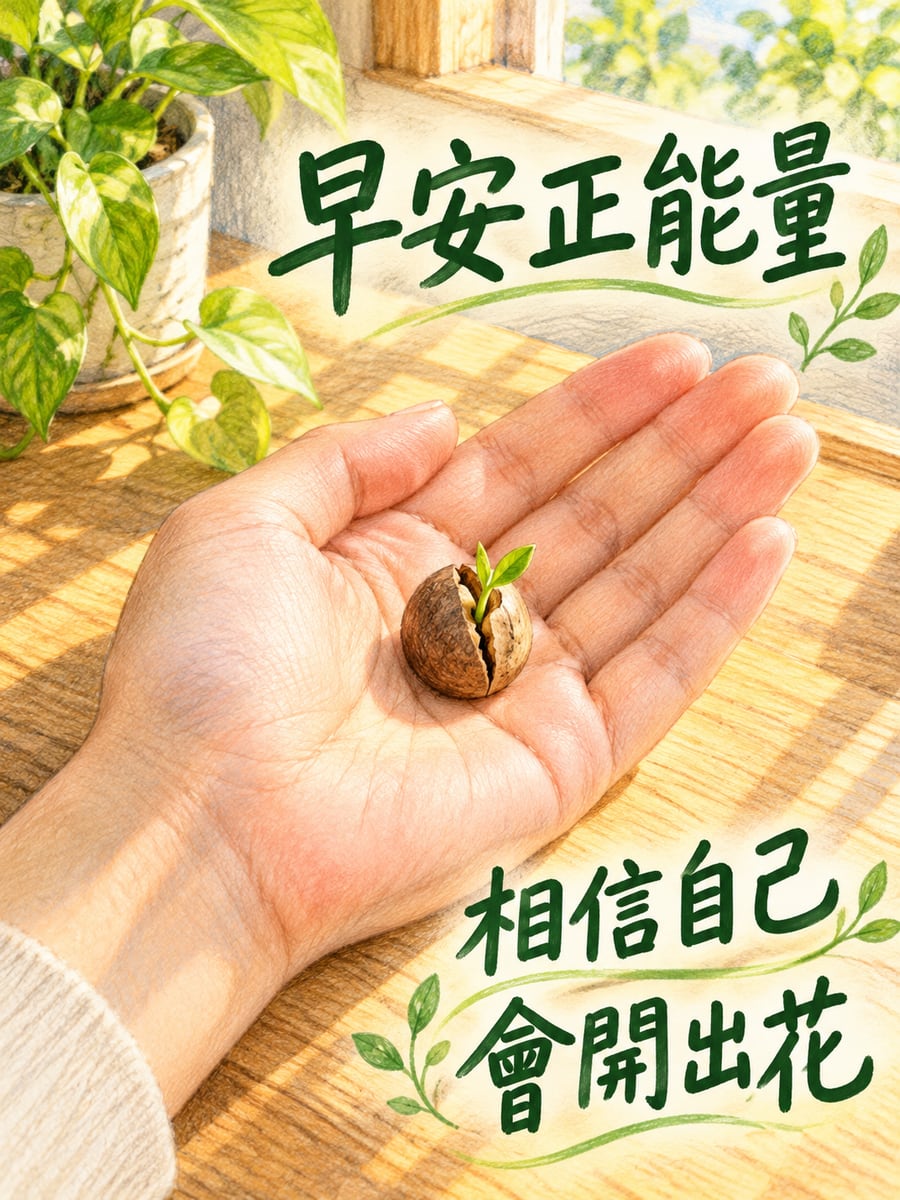掌心的一顆種子。圖中文字：早安正能量，相信自己，會開出花