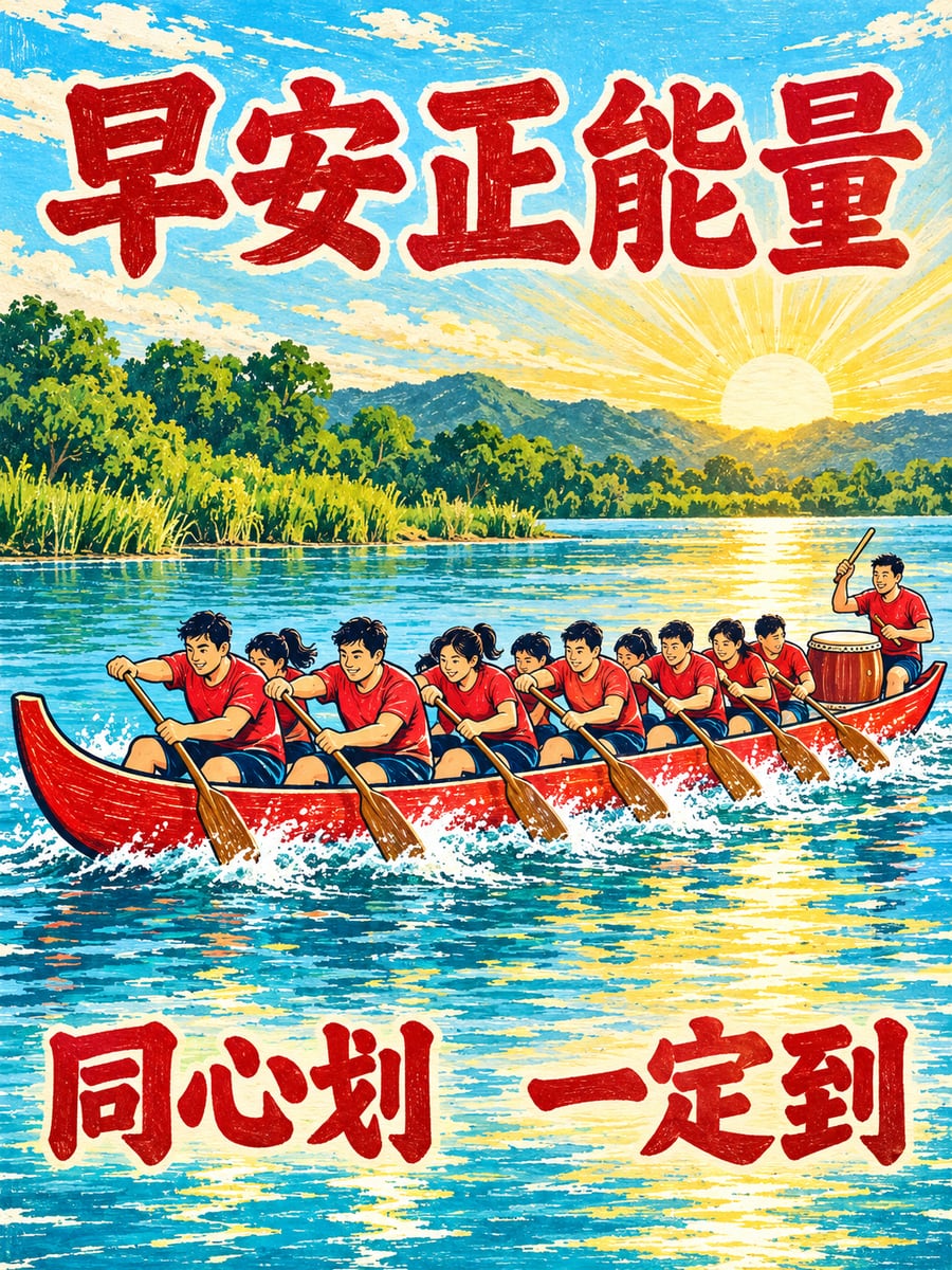 晨練划龍舟。圖中文字：早安正能量，同心划，一定到
