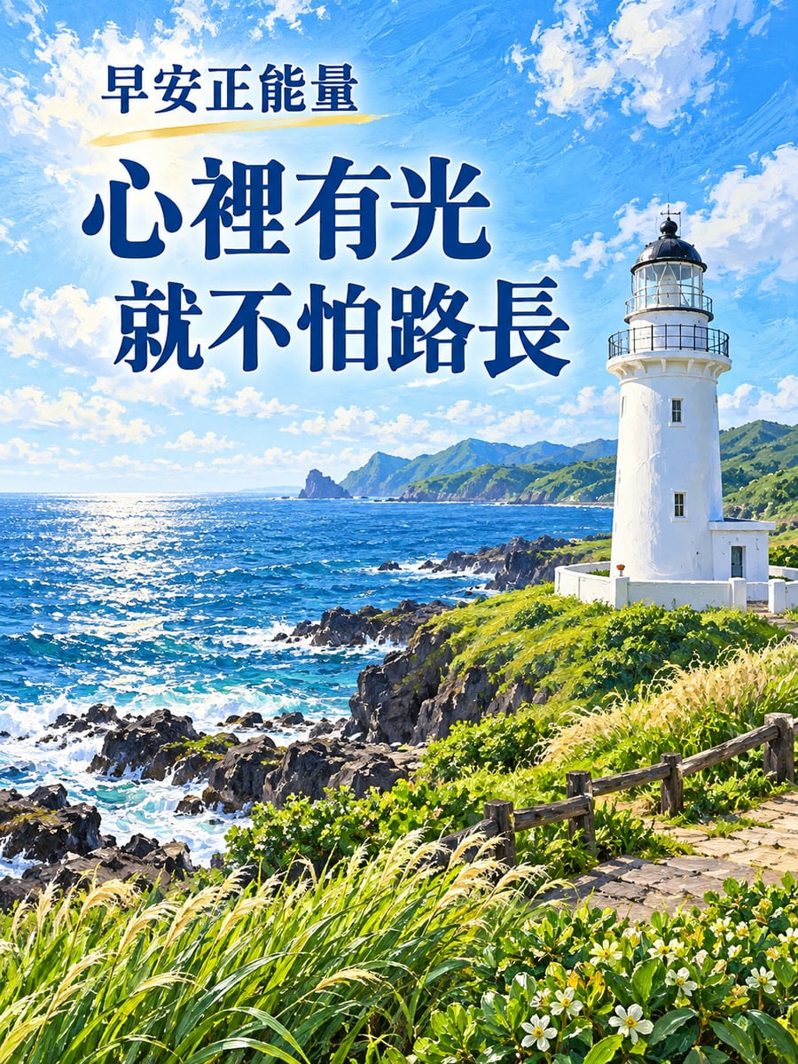 晨光裡的燈塔。圖中文字：早安正能量，心裡有光，就不怕路長