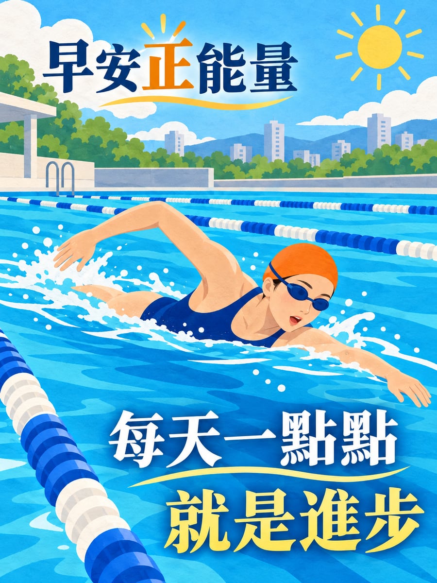 晨泳的水道。圖中文字：早安正能量，每天一點點，就是進步