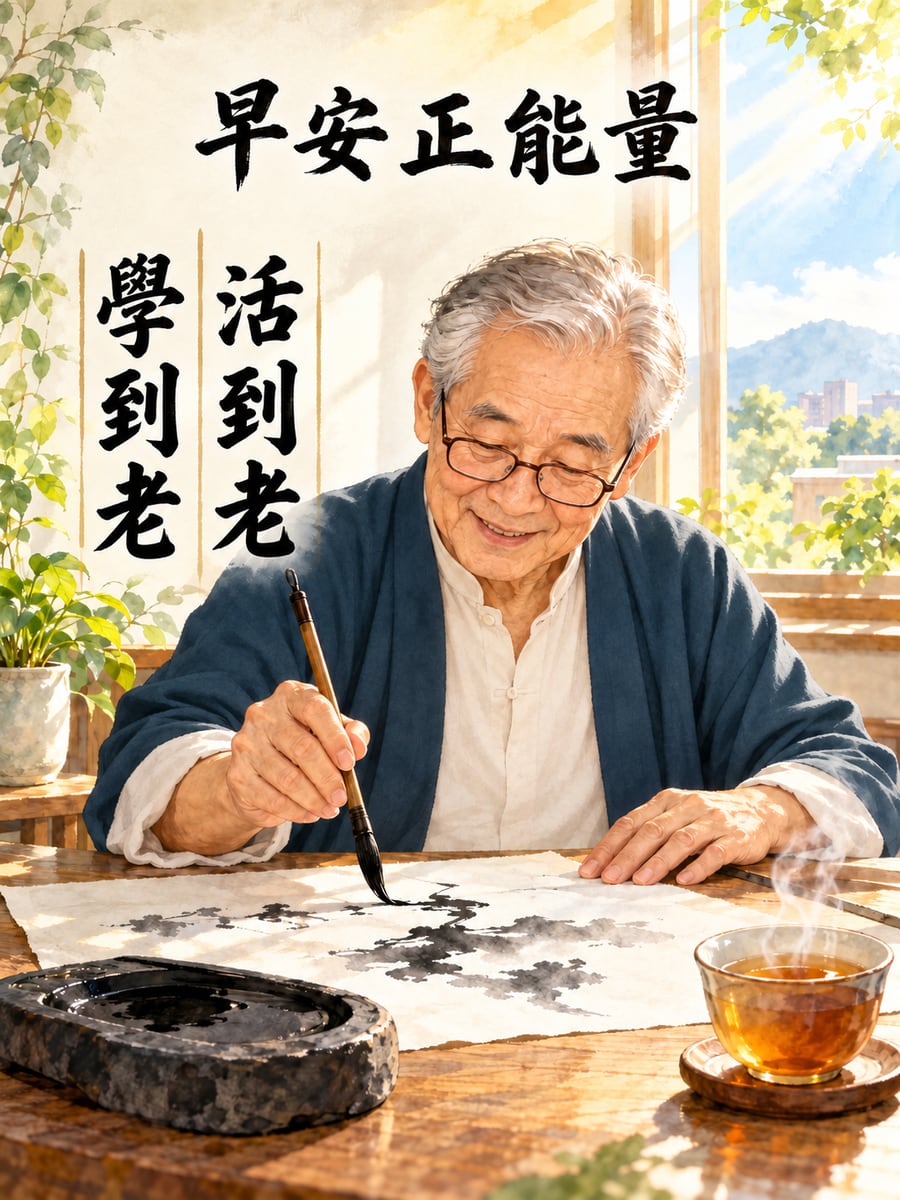 阿公提筆練書畫。圖中文字：早安正能量，活到老，學到老