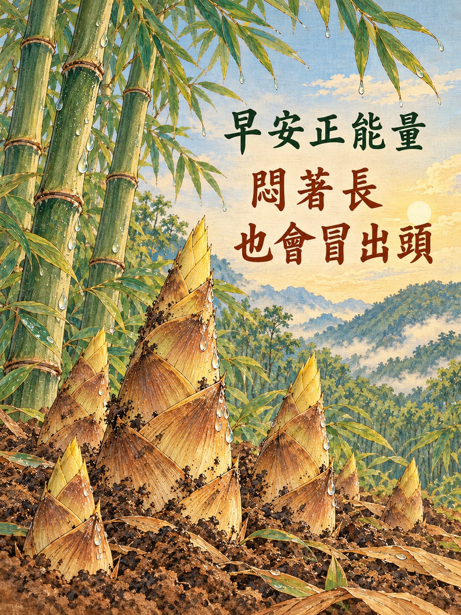 雨後冒出的竹筍。圖中文字：早安正能量，悶著長，也會冒出頭