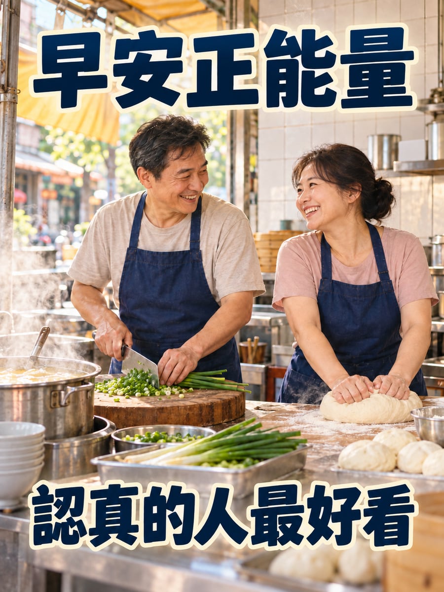 一早備料的攤販。圖中文字：早安正能量，認真的人，最好看