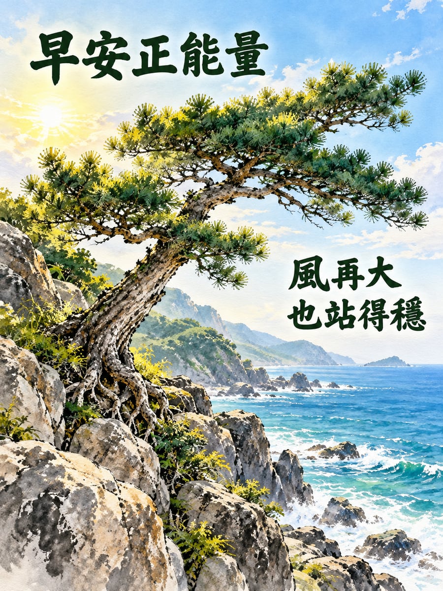 崖邊的老松。圖中文字：早安正能量，風再大，也站得穩