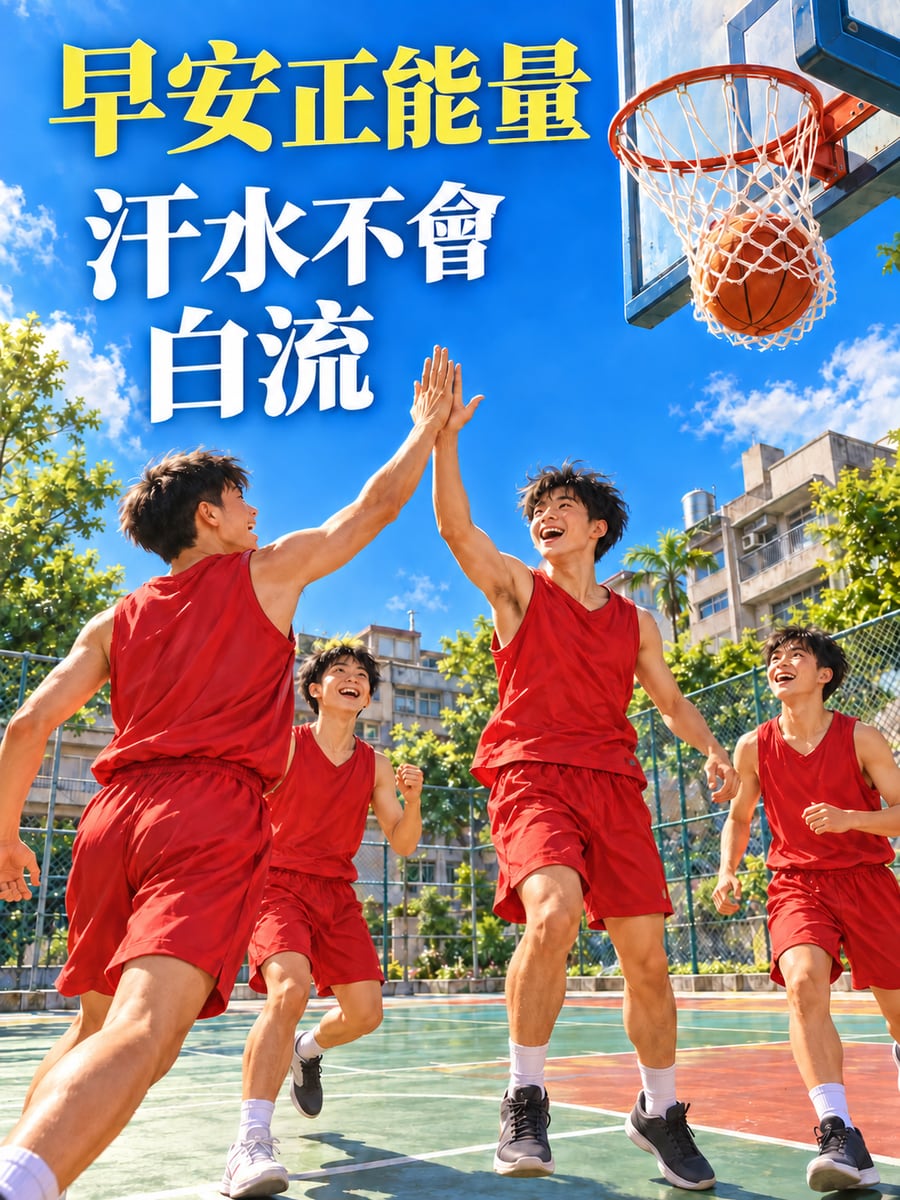 籃球場上的少年。圖中文字：早安正能量，汗水不會白流