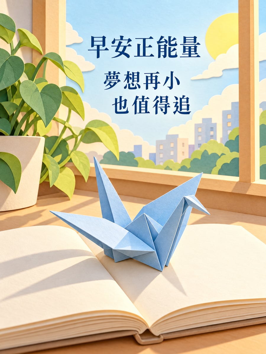 書桌上的紙鶴。圖中文字：早安正能量，夢想再小，也值得追