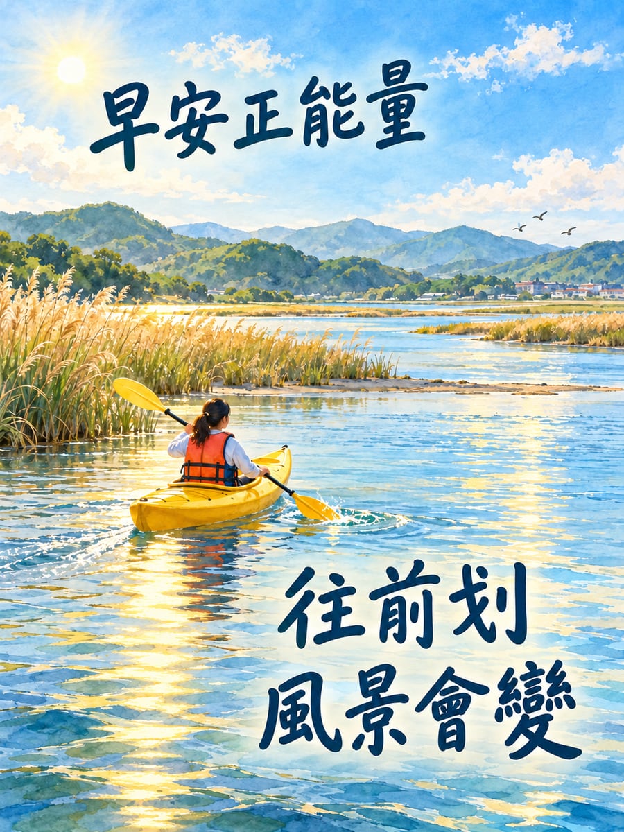 獨木舟划向晨光。圖中文字：早安正能量，往前划，風景會變