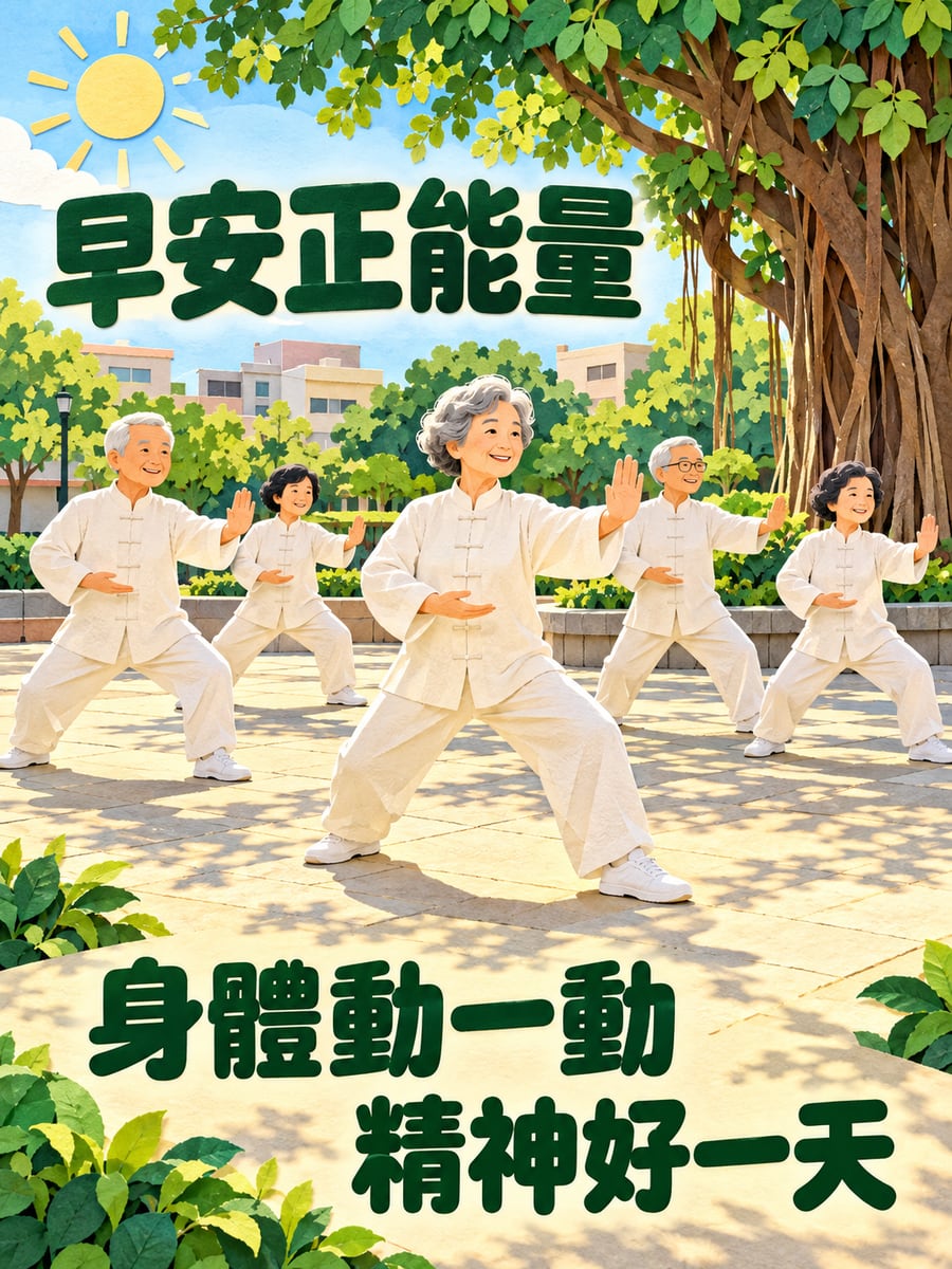 廣場打太極的長輩。圖中文字：早安正能量，身體動一動，精神好一天