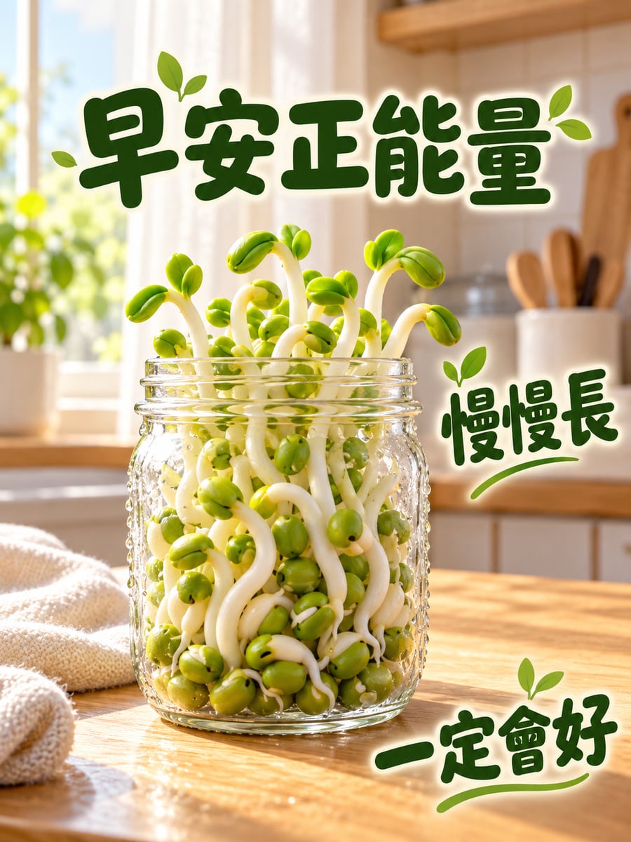 玻璃罐裡的豆芽。圖中文字：早安正能量，慢慢長，一定會好