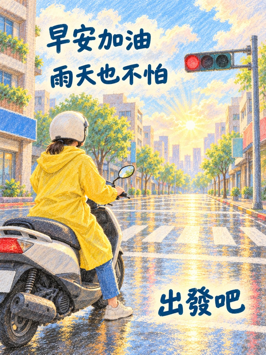 穿雨衣出門的上班族。圖中文字：早安加油，雨天也不怕，出發吧