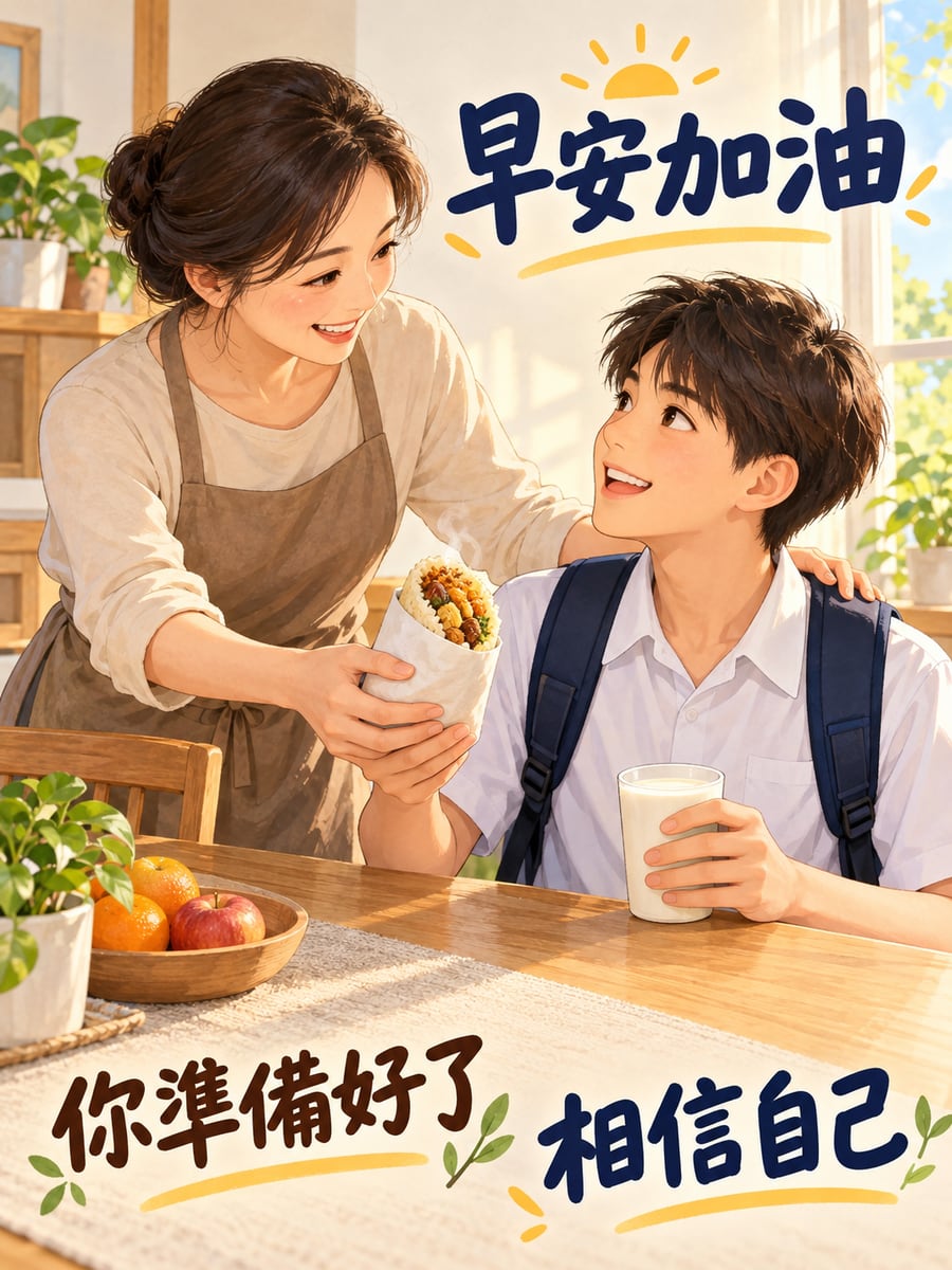 考試那天的早餐。圖中文字：早安加油，你準備好了，相信自己