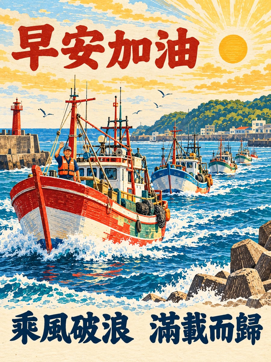 出港的漁船。圖中文字：早安加油，乘風破浪，滿載而歸