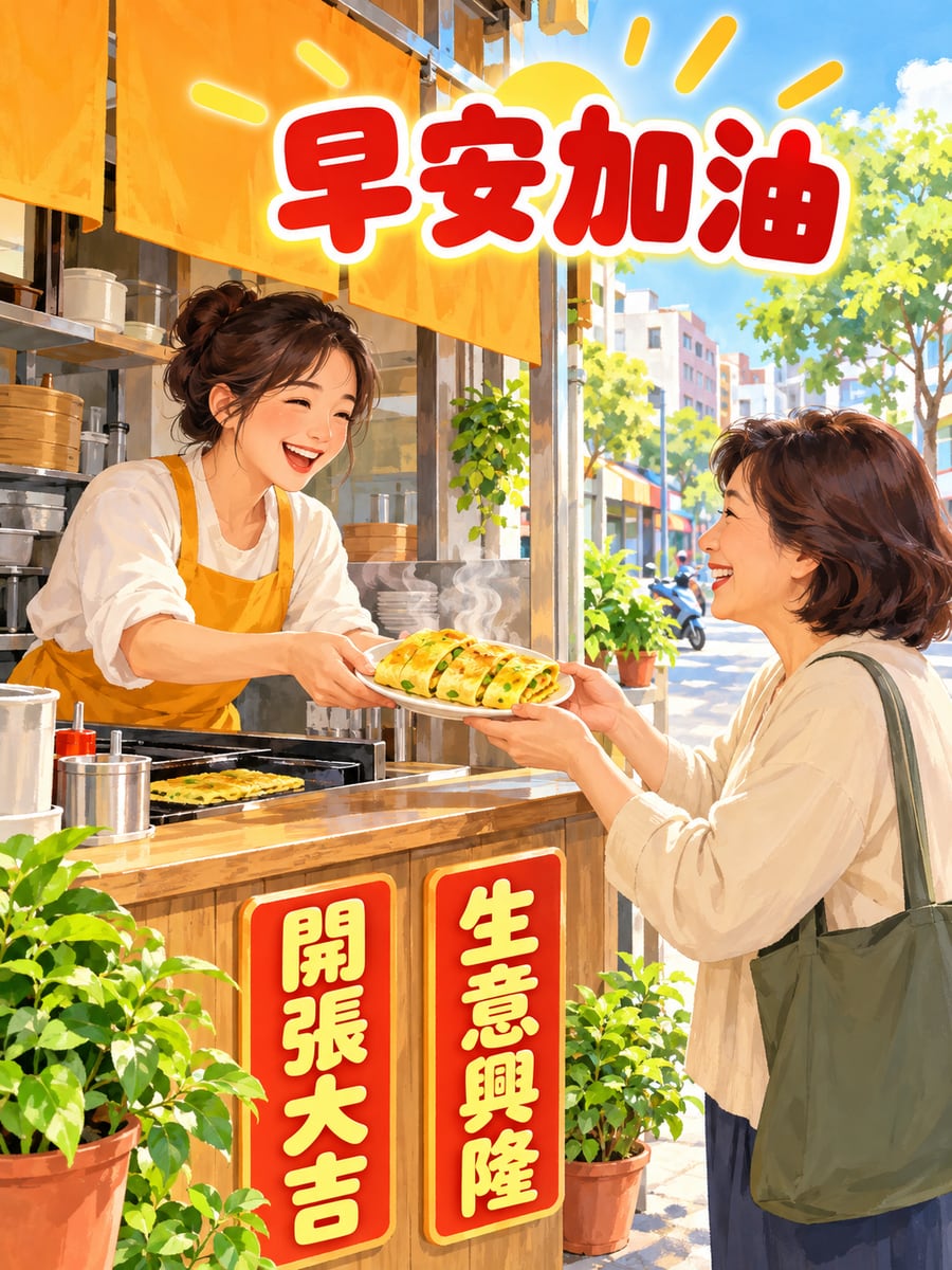 新開的早餐店。圖中文字：早安加油，開張大吉，生意興隆