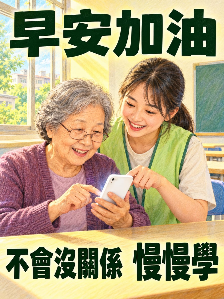 阿嬤學用手機。圖中文字：早安加油，不會沒關係，慢慢學