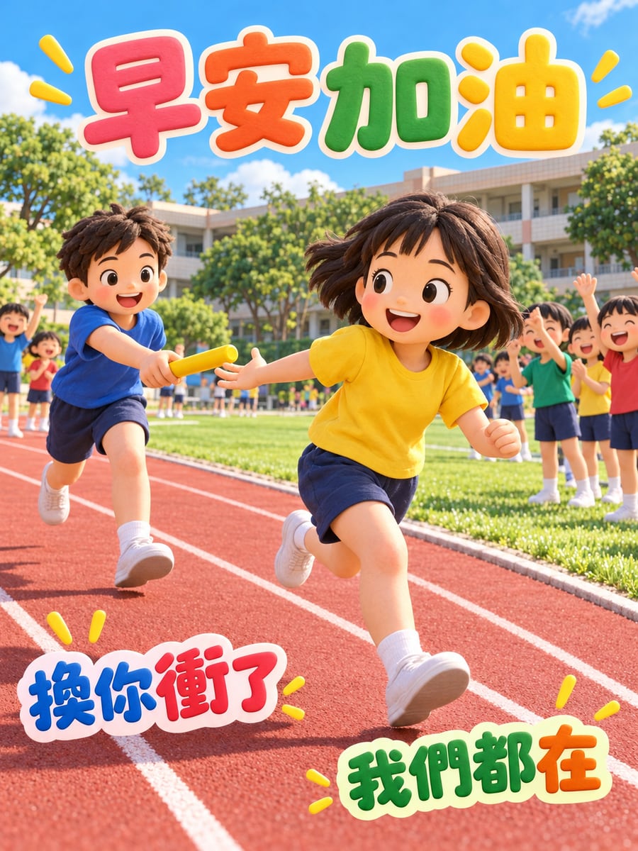 接力棒交到手上。圖中文字：早安加油，換你衝了，我們都在