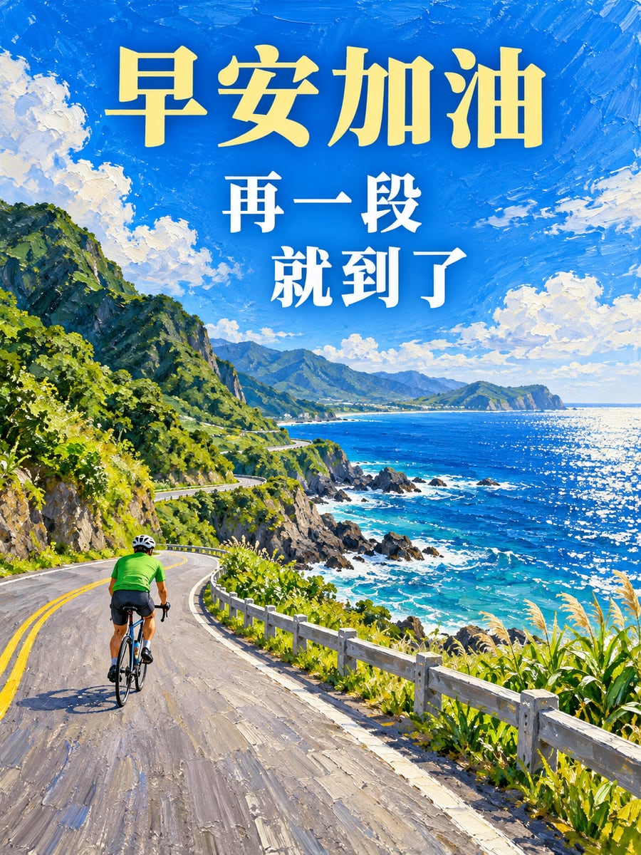 沿著海岸騎單車。圖中文字：早安加油，再一段，就到了