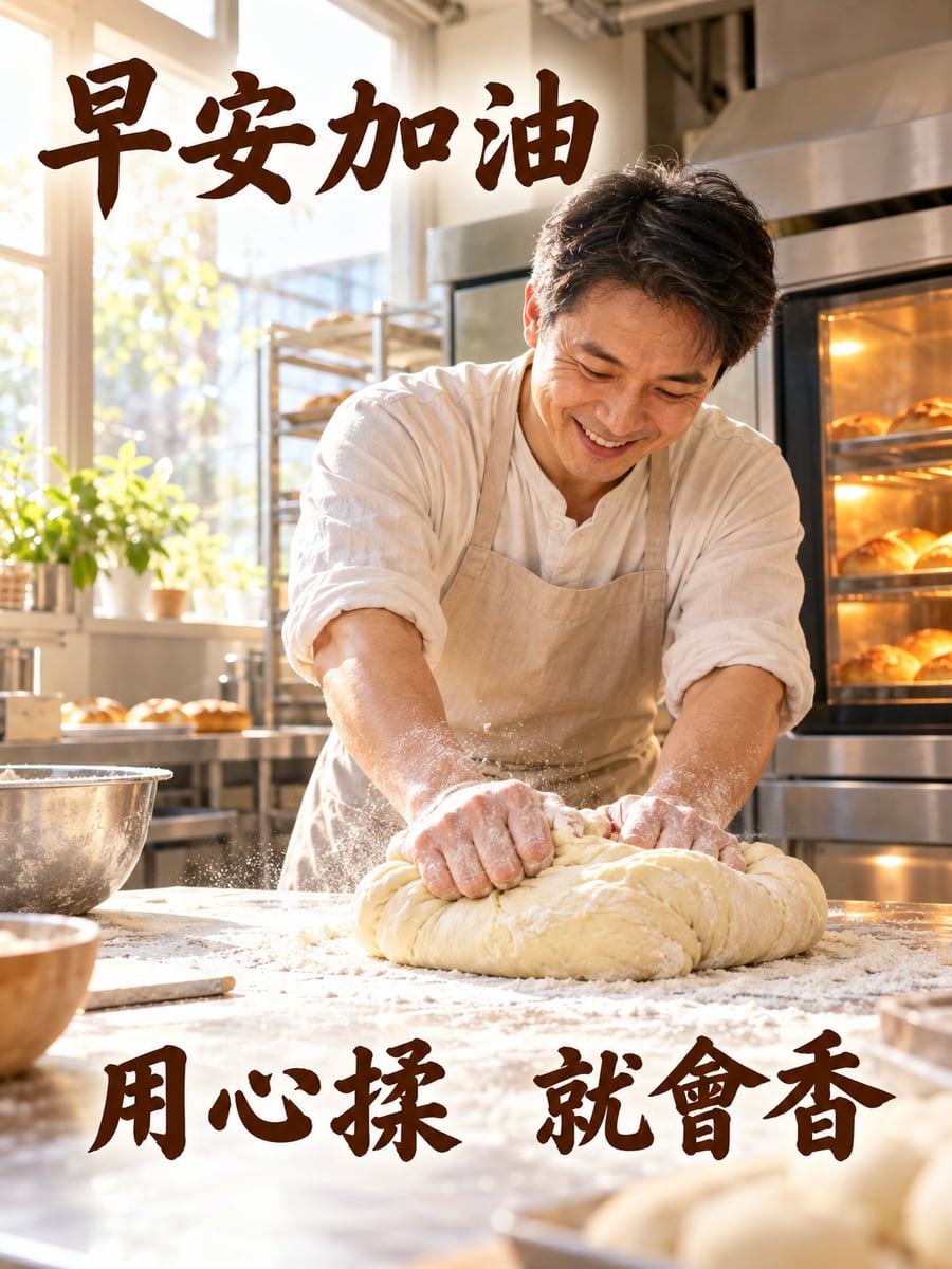 揉麵團的麵包師傅。圖中文字：早安加油，用心揉，就會香