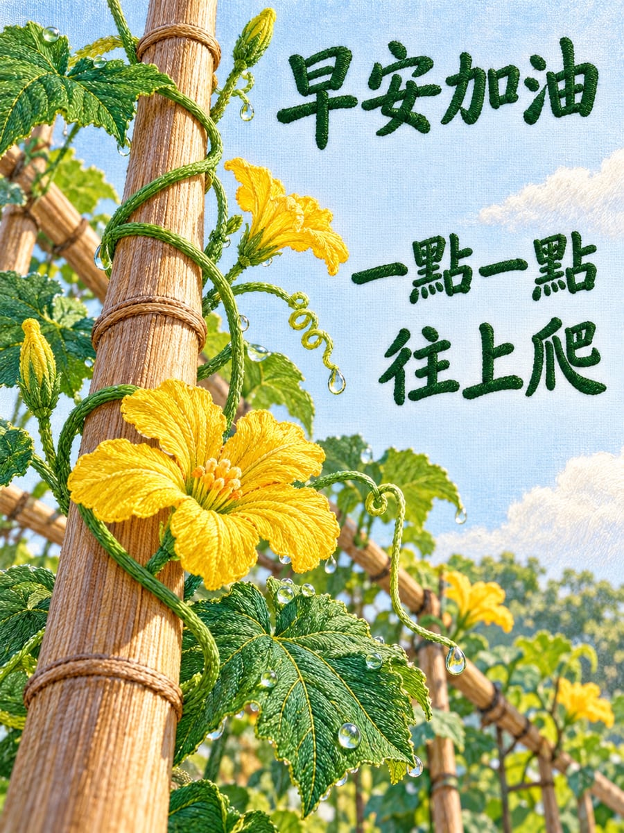 往上爬的絲瓜藤。圖中文字：早安加油，一點一點，往上爬
