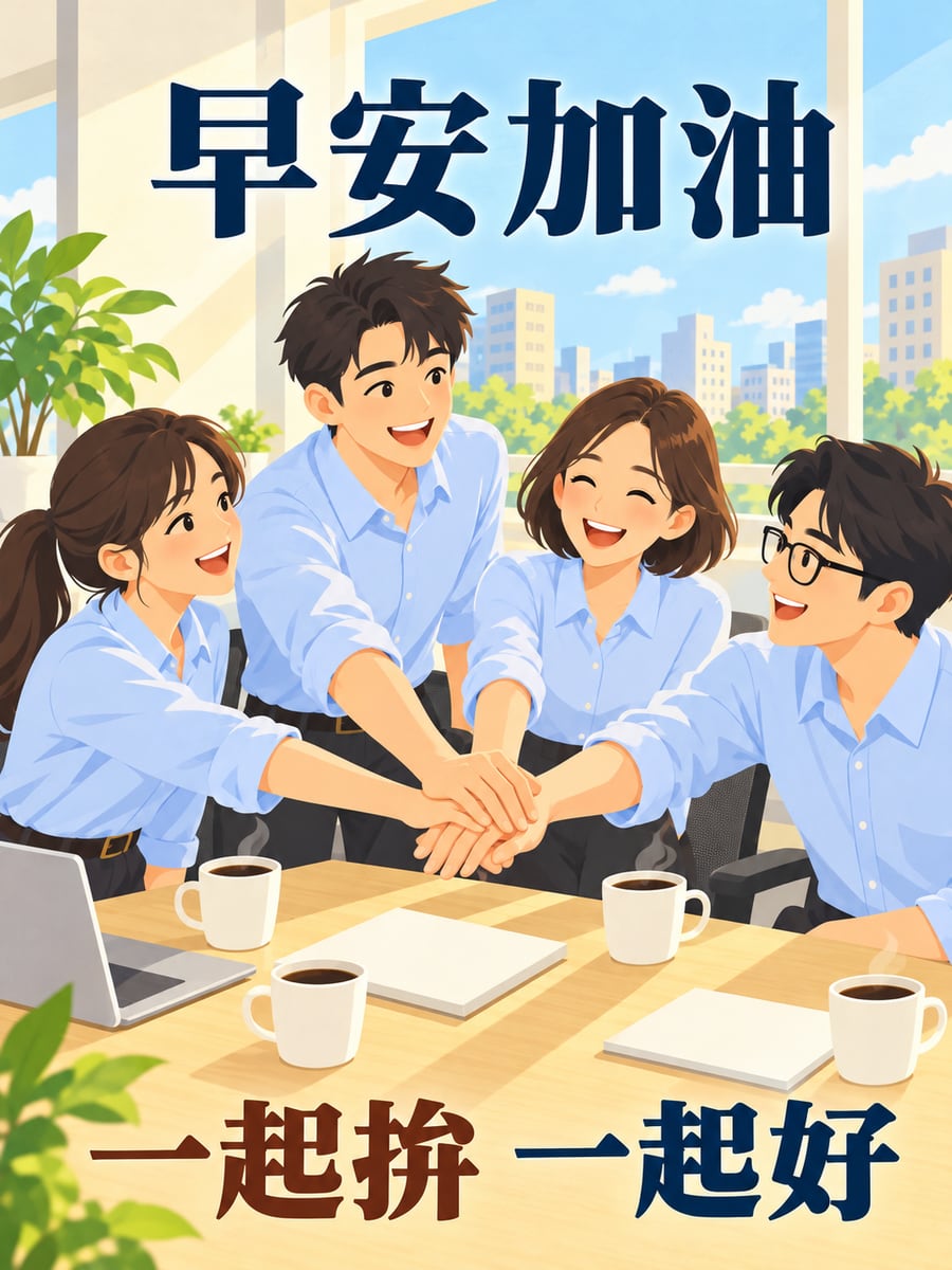 開工前的團隊打氣。圖中文字：早安加油，一起拚，一起好