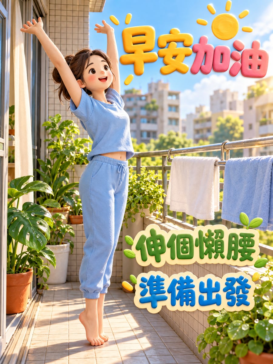陽台上伸個大懶腰。圖中文字：早安加油，伸個懶腰，準備出發
