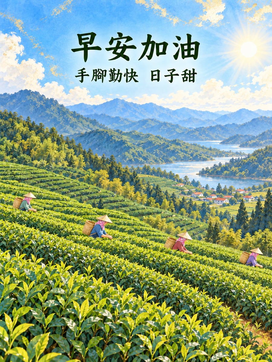 採茶的阿姨。圖中文字：早安加油，手腳勤快，日子甜