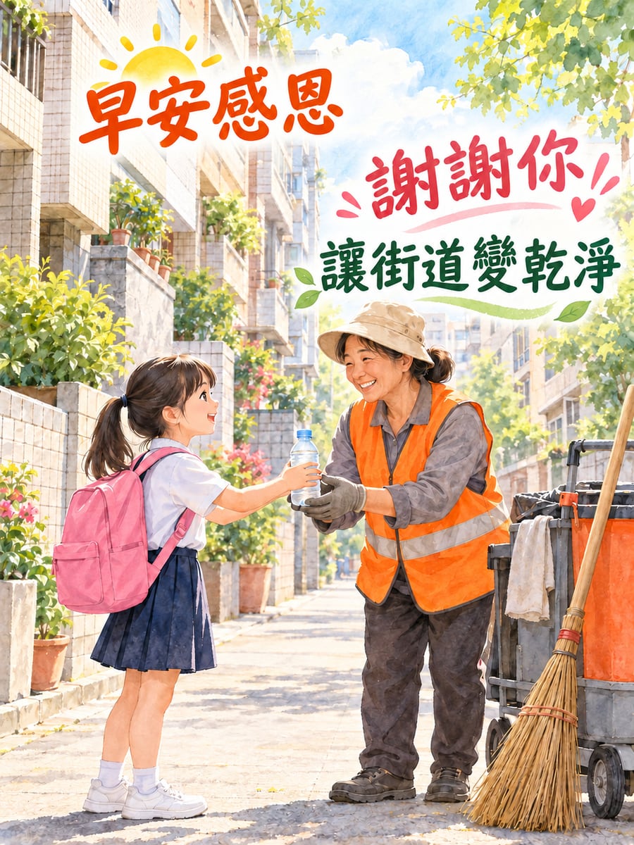 向清潔隊員道謝。圖中文字：早安感恩，謝謝你，讓街道變乾淨