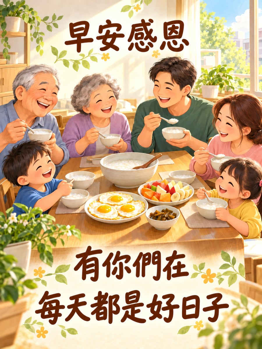 全家一起吃早餐。圖中文字：早安感恩，有你們在，每天都是好日子