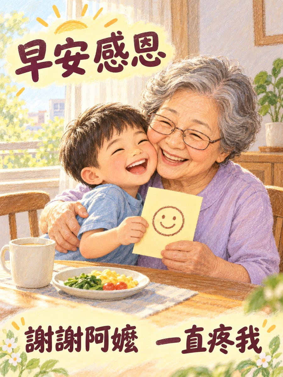 寫給阿嬤的卡片。圖中文字：早安感恩，謝謝阿嬤，一直疼我