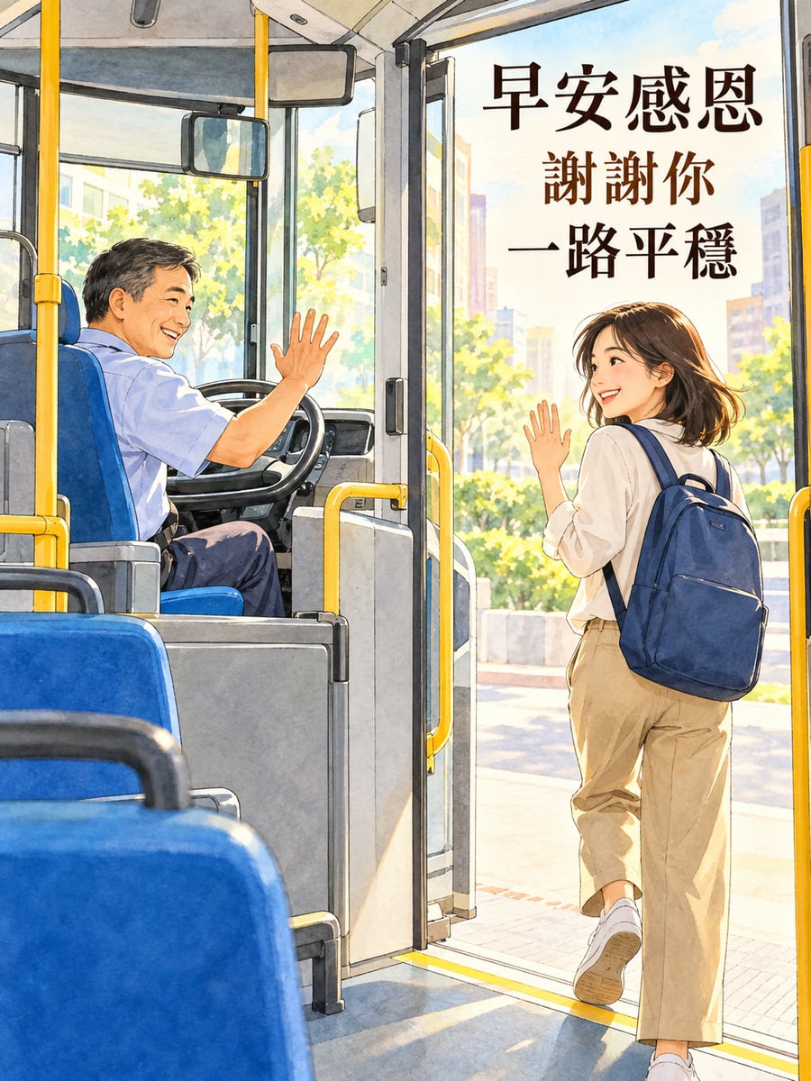 跟公車司機說早。圖中文字：早安感恩，謝謝你，一路平穩