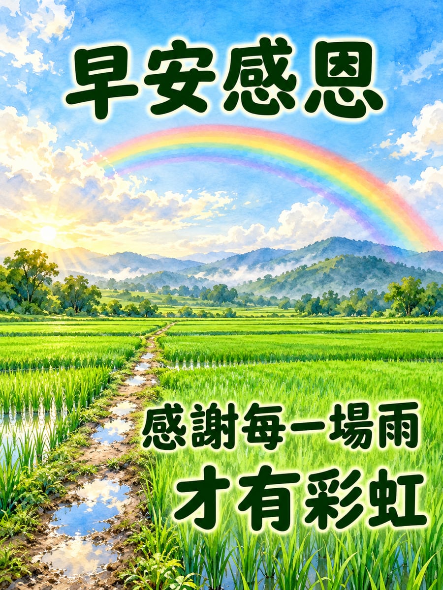 雨後田野的彩虹。圖中文字：早安感恩，感謝每一場雨，才有彩虹