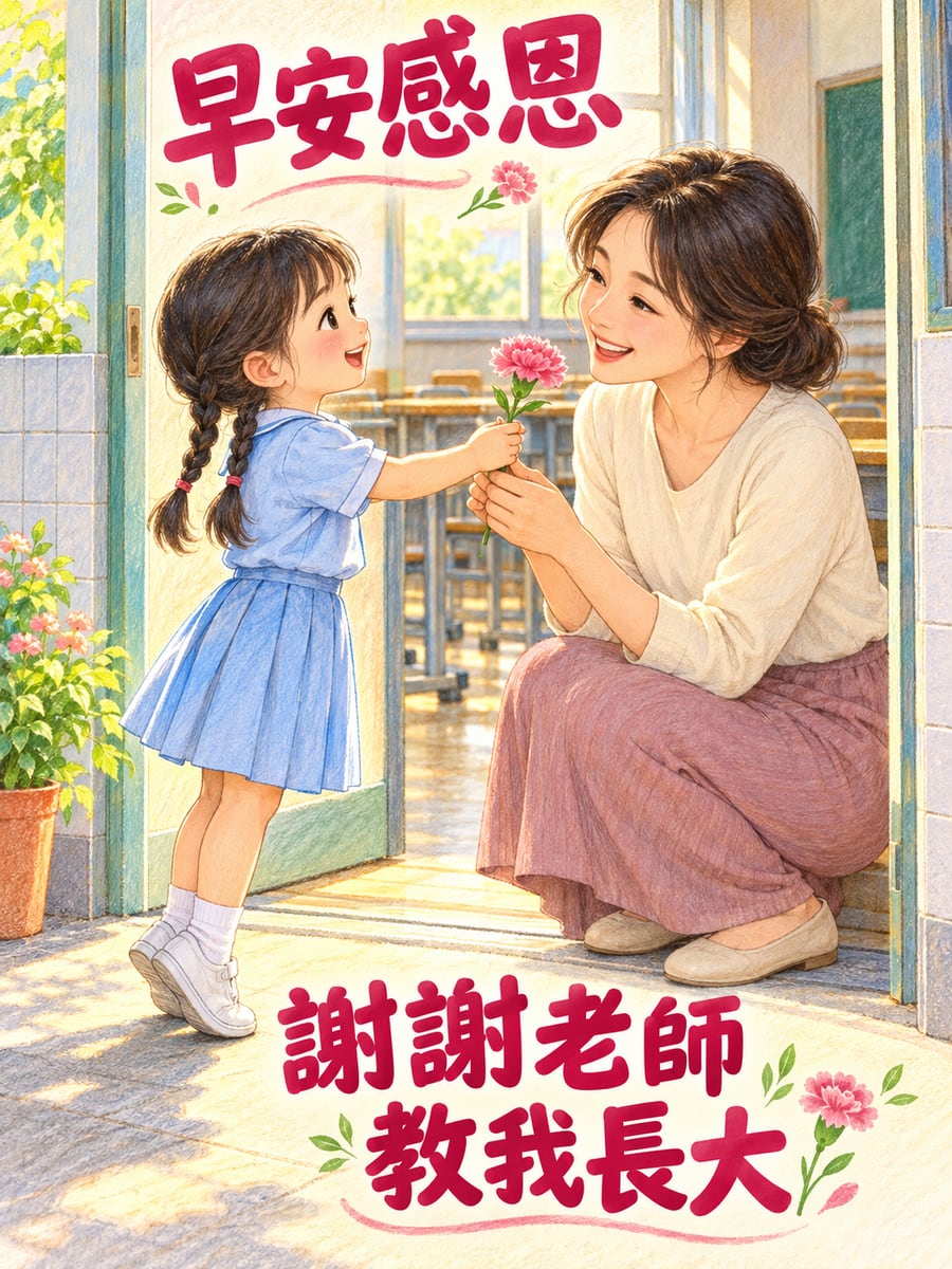 送老師一朵花。圖中文字：早安感恩，謝謝老師，教我長大